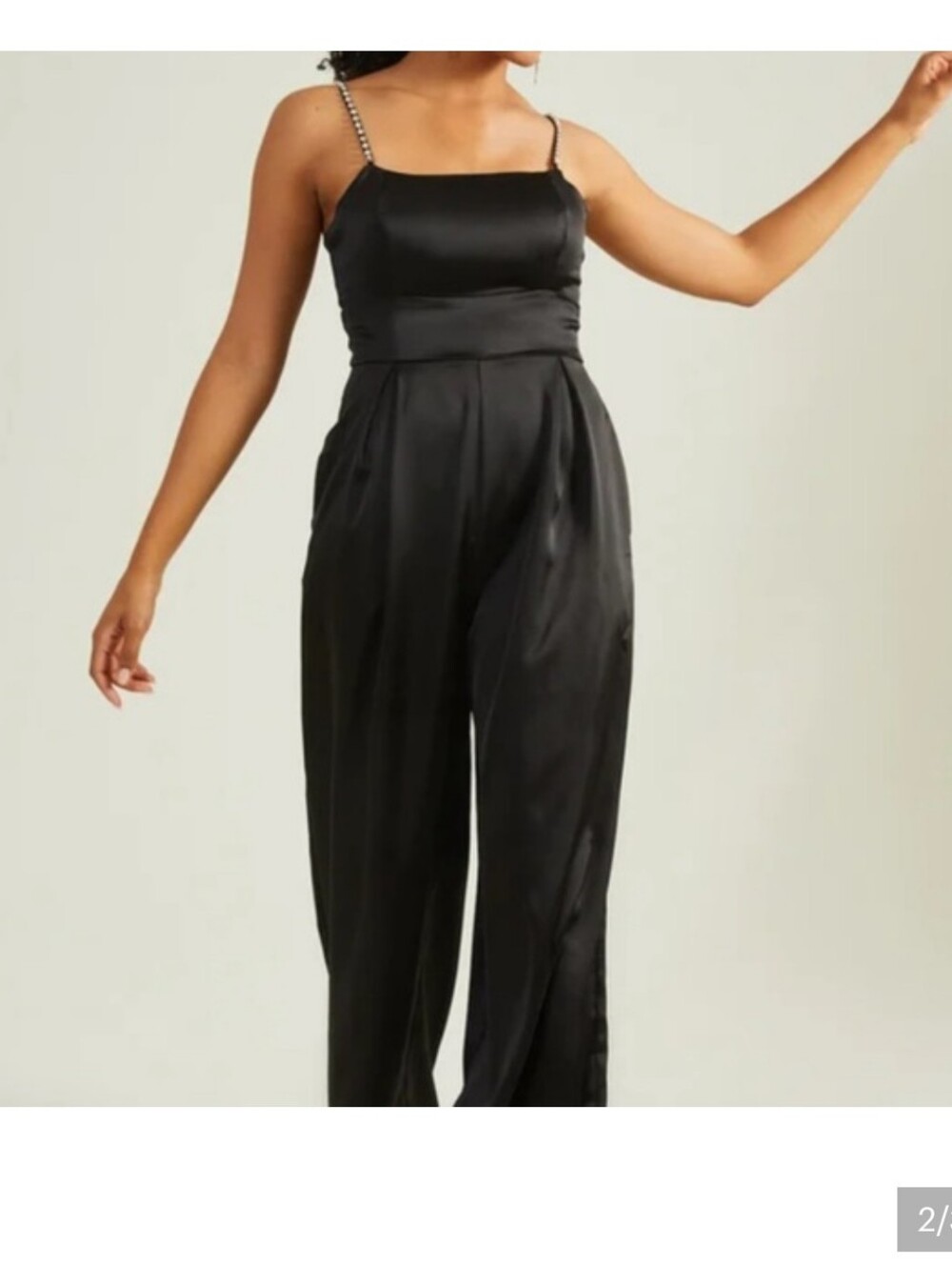 ALTAR'D STATE Satin Black Wide-Leg Jumpsuit with Rhinestone Straps